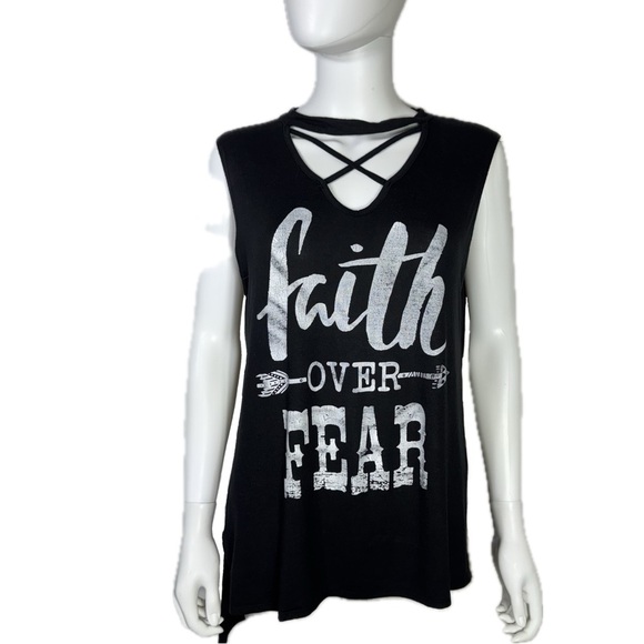 Zutter Faith Over Fear Black Distressed Muscle Tank Top - Picture 1 of 6